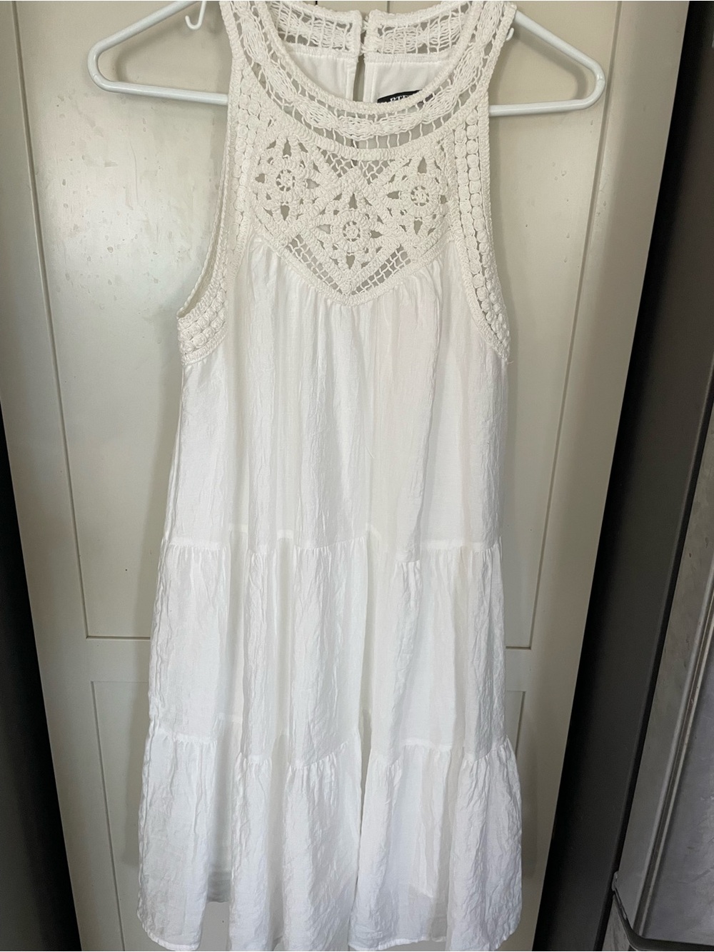 Sleeveless White Crochet Yoke Tiered Midi Dress